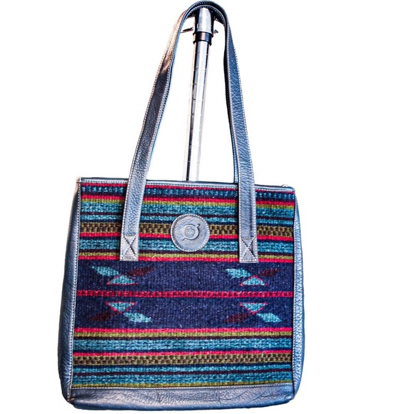 Born 100% Leather And Wool Large Zip Tote Bag Blue Red Mexican Motifs - Picture 3 of 7